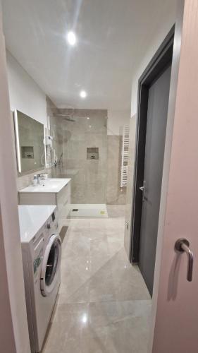 a bathroom with a sink and a washing machine at Canaletto Apartment Rialto in Venice