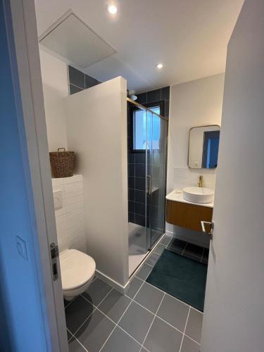 une salle de bain avec toilettes et lavabo dans l'établissement Magnifique villa à deux pas de la plage, à La Celle-sous-Gouzon