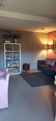 a living room with a couch and a book shelf at Meublés Les Charmettes in Chambéry