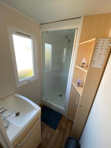 une salle de bain avec un lavabo blanc et une douche dans l'établissement Mobile home proche de Europa Park, à Boofzheim