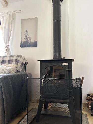 a black stove in a living room with a couch at VILLA INBAR - Village house on the river in Boykovets