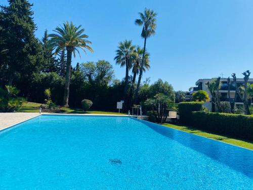 une grande piscine avec des palmiers et un bâtiment dans l'établissement Dernier étage-PISCINE-TENNIS-2 terrasses-Garage-Wifi, à Cannes
