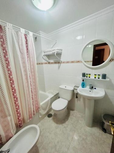 a bathroom with a toilet and a sink and a mirror at Hotel las Palmeras Suite in Celorio