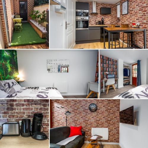 Cet appartement aux murs de briques dispose d'une cuisine et d'un salon. dans l'établissement Location d'appartements - Cosysejour - Calme Fibre Netflix, à Amiens