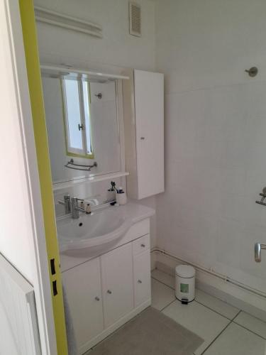 une salle de bain blanche avec un lavabo et un miroir dans l'établissement Bel appartement Perpignan 15 min de la mer, à Perpignan