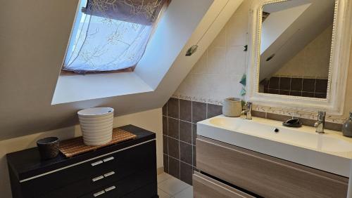 une salle de bain avec un lavabo et un miroir dans l'établissement Maison proche de Rennes, 3-4 chambres, jardin, à Laillé