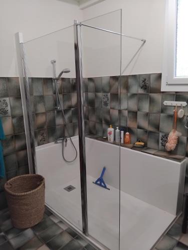 une douche avec une porte vitrée dans une salle de bain dans l'établissement La maison des PICOUNETS, à Sarrians