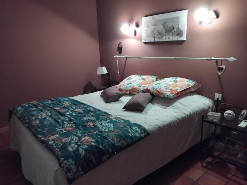 une chambre avec un lit avec deux oreillers dessus dans l'établissement La maison des PICOUNETS, à Sarrians