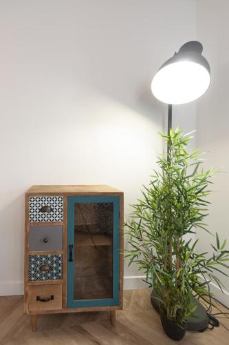 un miroir dans une pièce avec une lampe et une plante dans l'établissement studio trankil coeur d'Ancenis - balcons d'Ancenis, à Ancenis