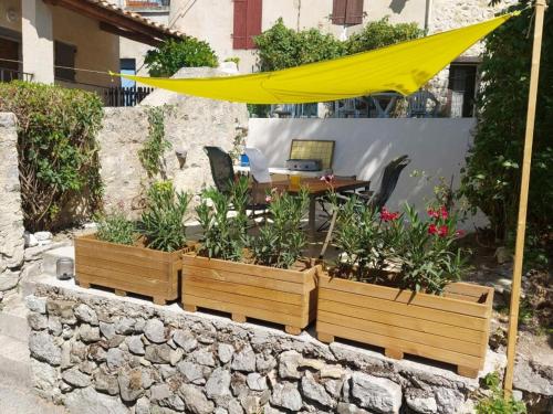 un parapluie jaune sur une table et quelques plantes dans l'établissement maison de village , chaleur, baignades et terroir en drôme, à Cornillon-sur-lʼOule
