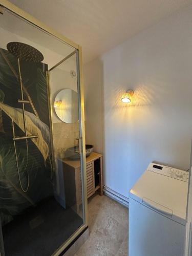 une petite salle de bain avec un lavabo et un miroir dans l'établissement Évasion à Villers sur mer - Calme et chaleureux, à Villers-sur-Mer
