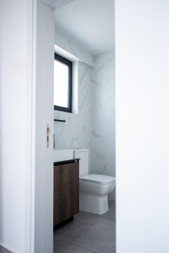a bathroom with a toilet and a window at Le Bouquet Luxury Suites Ltd in Nicosia