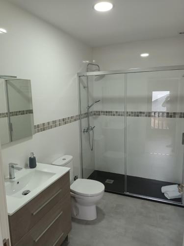 a bathroom with a toilet and a glass shower at Él Rincón de los Sueños A in Vegadecabo