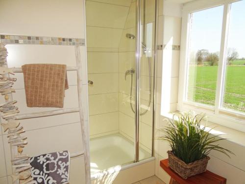 eine Dusche mit Glastür im Badezimmer in der Unterkunft Inselidylle Villa Saltkrokan in Fehmarn