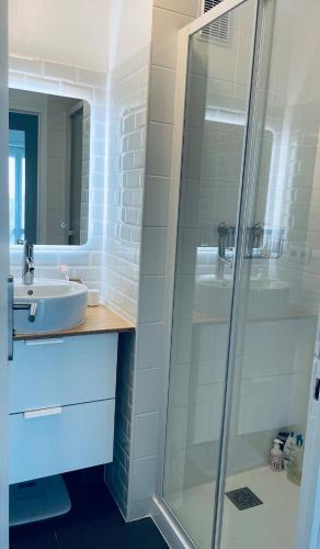 une salle de bain avec douche et lavabo dans l'établissement Appartement 3 chambres, très lumineux, plages et centre ville à pied, à Biarritz