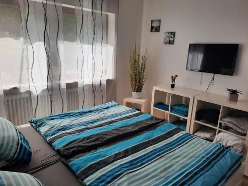 ein Wohnzimmer mit Couch und Fernseher in der Unterkunft Dörrs vacation home with pool and garden in Weißbach