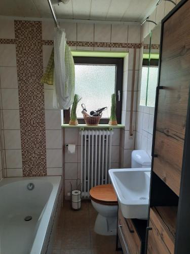 a bathroom with a tub and a toilet and a sink at Dörrs vacation home with pool and garden in Weißbach
