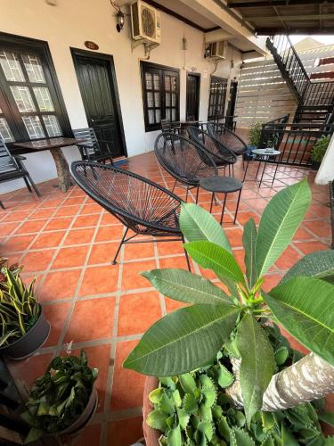 a group of chairs and plants on a patio at Local Guesthouse in Vang Vieng