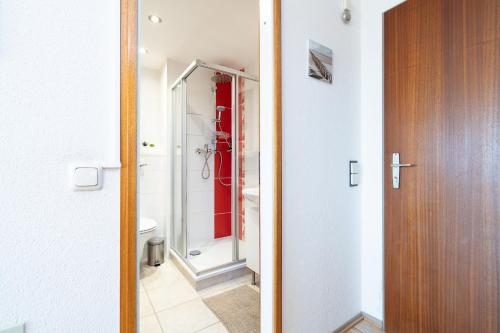 un bagno con doccia e porta a vetri di Ferienpark Sierksdorf App 746 - Strandlage a Sierksdorf