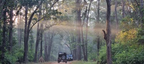 a jeep driving down a dirt road in a forest at Athulyam Kanha, kanha national park, mukki gate in Khāpa