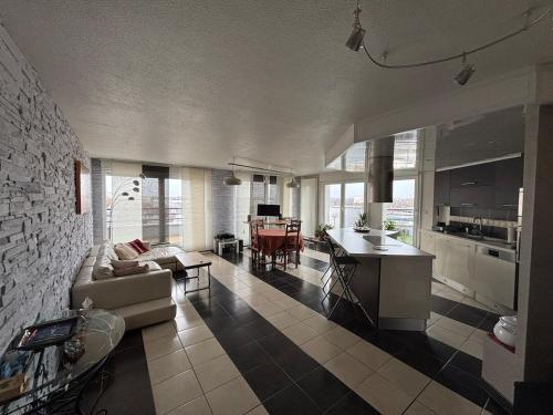 Il comprend un grand salon avec un canapé et une cuisine. dans l'établissement Attique avec terrasse - Zénith & centre-ville, à Strasbourg