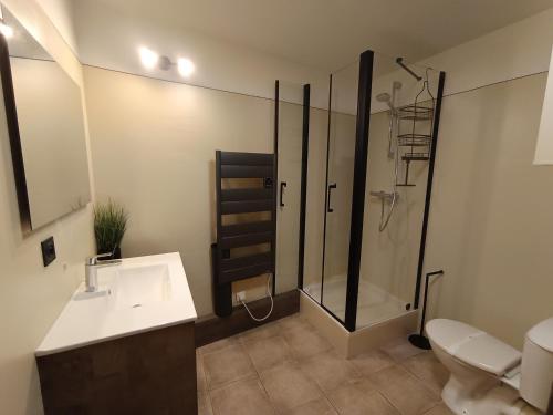 une salle de bain avec une douche, un lavabo et des toilettes dans l'établissement Appartement avec balcon plein sud, parking et animaux admis - FR-1-445-165, à Montgenèvre
