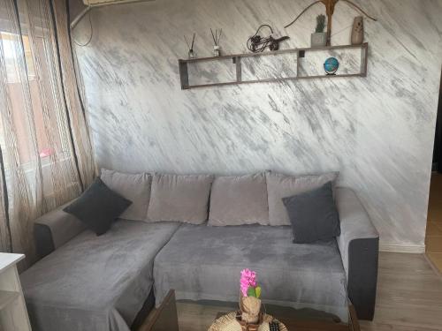 a living room with a gray couch and a table at Apartament Karina in Dudu