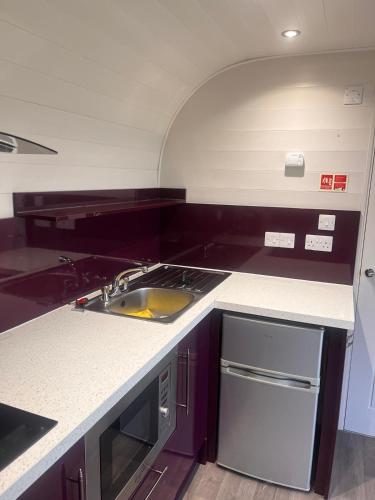 a kitchen with a sink and a stove at Country Cabin in Hesket Newmarket