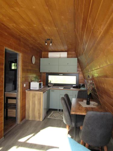 a kitchen with a table and chairs in a room at Cabana Valley Vista in Lacu Rosu