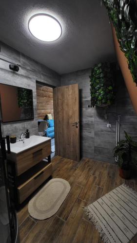a bathroom with a sink and a mirror at Valley Vista Retreat in Lacu Rosu