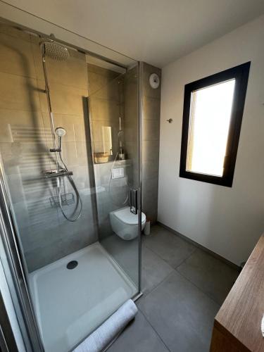 une salle de bain avec douche et toilettes dans l'établissement Bel appartement T3 vue mer 5 min des plages à pied, à Propriano