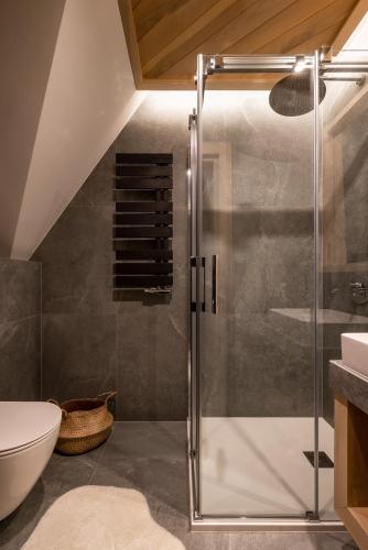 a bathroom with a shower and a toilet and a sink at Villa Las Apartamenty in Zakopane
