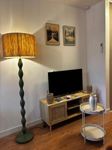 un salon avec une lampe et une télévision dans l'établissement Marclo Appartement Greoux-les-Bains, à Gréoux-les-Bains
