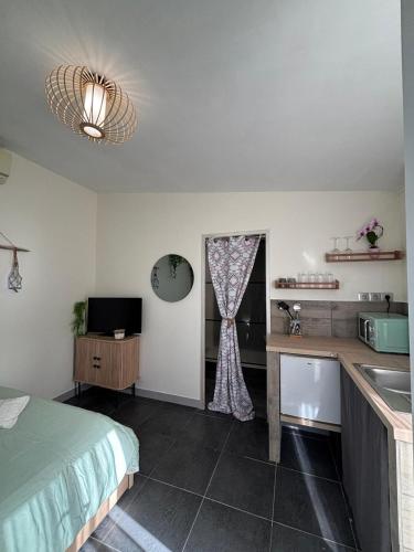 Il comprend une chambre avec un lit et une cuisine avec un évier. dans l'établissement La Bohème, à Arles
