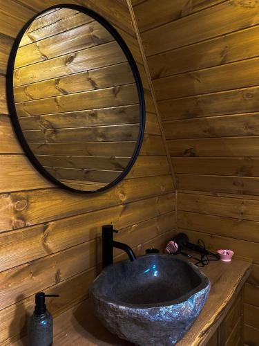 a bathroom with a stone sink in a wooden wall at A Way To Nature in Măgura