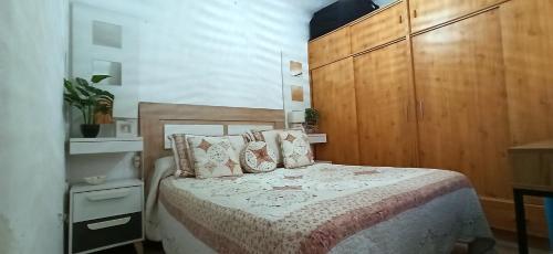 1 dormitorio con 1 cama con almohadas y armario de madera en Casa Tejar, en Almería