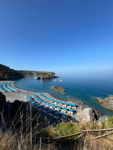 a beach with a bunch of umbrellas and the ocean at EKOA comfort e relax in San Nicola Arcella