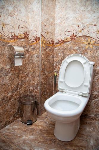 a bathroom with a toilet and a trash can at Fish Hotel in Akhalk'alak'i