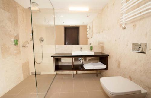 a bathroom with a shower and a sink and a toilet at Hotel DeSilva Premium Poznań in Poznań