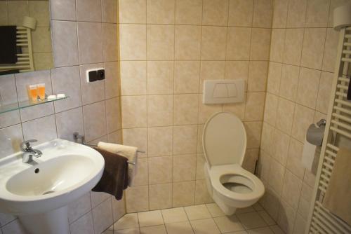 a bathroom with a toilet and a sink at Hotel U Jiřího in Humpolec