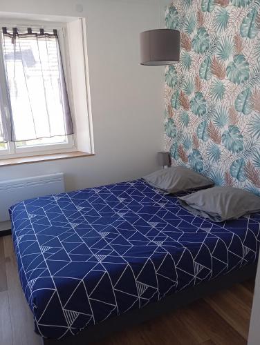 a bedroom with a bed with a blue comforter and a window at T3, 2 chambres avec parking privé in Aurillac