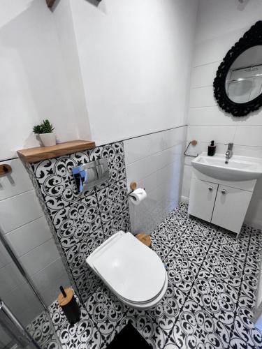 a bathroom with a white toilet and a sink at Na Deskach Apartments in Żyrardów