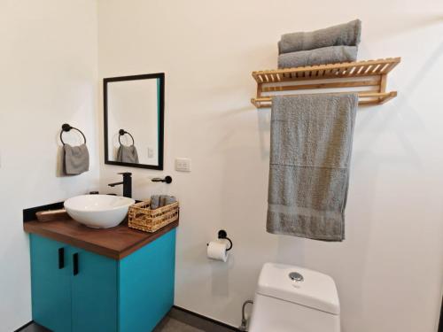 a bathroom with a sink and a toilet and a mirror at Blissful Homes in Huacas