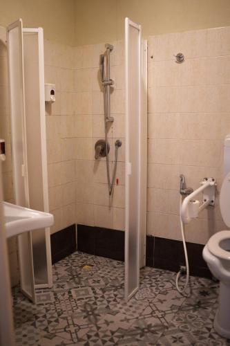 a bathroom with a shower with a sink and a toilet at Lion University & Youth Hostel Milano in Milan