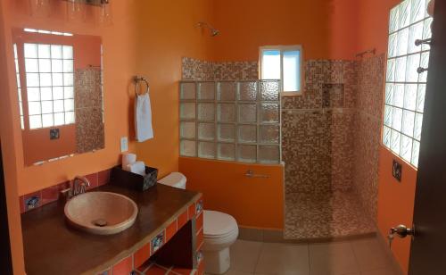 a bathroom with a shower and a sink and a toilet at Posada Nomad in San José del Cabo