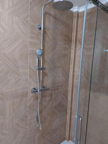 a shower with a glass door and a shower head at Family Townhouse 6 sleeps Maribel in Ciudad Quesada