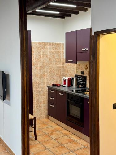 a kitchen with purple cabinets and a stove top oven at Le mie origini in Bagnoregio