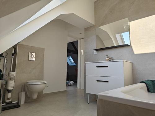 une salle de bain avec des toilettes blanches et un lavabo dans l'établissement Authentique Appartement cosy, à Schiltigheim