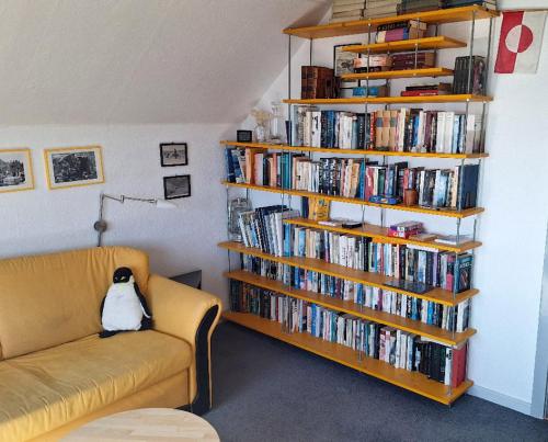 un soggiorno con una libreria piena di DVD di Isikkivik Cottage a Narsaq