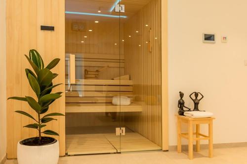 ドゥゴポイエにあるVilla SALVIA - NEW villa near Splitのベッドルーム付きの部屋に鉢植え